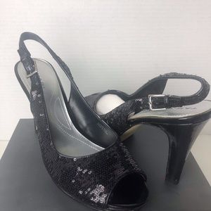 NEW Black Sequined Tahari Peep-Toe Slingback Shoes | Size 9.5